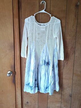 Entro Kendras Crochet Neck Tunic Dress Womens M White Blue Boho NWT Rayon Acryli